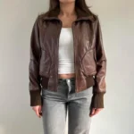 Women's Brown Genuine Leather Bomber Jacket with Ribbed Cuffs and Hem - Image 2
