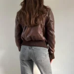 Women's Brown Genuine Leather Bomber Jacket with Ribbed Cuffs and Hem