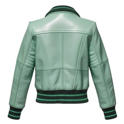 Mint Green Sheepskin Leather Bomber Jacket Women's Varsity Style