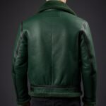 Men’s Green Genuine Leather Jacket Winter Bomber Aviator Coat with Fur Collar