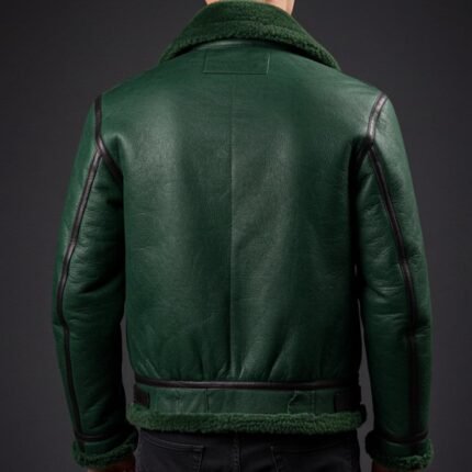Men’s Green Genuine Leather Jacket Winter Bomber Aviator Coat with Fur Collar