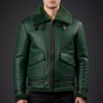 Men’s Green Genuine Leather Jacket Winter Bomber Aviator Coat with Fur Collar