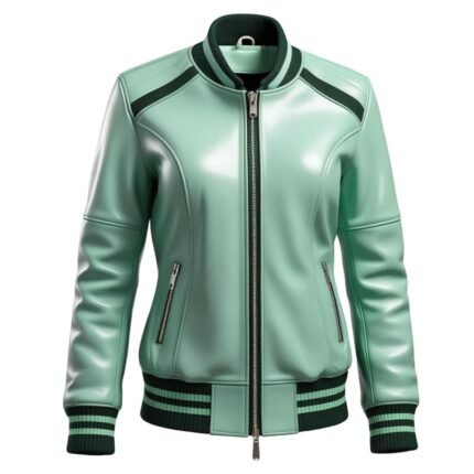 Mint Green Sheepskin Leather Bomber Jacket Women's Varsity Style