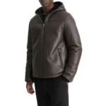Men’s Dark Brown Shearling Leather Hooded Jacket Genuine Sheepskin Winter Coat - Image 2
