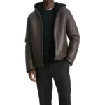 Men’s Dark Brown Shearling Leather Hooded Jacket Genuine Sheepskin Winter Coat
