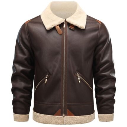 Men’s Brown Shearling Leather Aviator Bomber Jacket Genuine Sheepskin Winter Coat