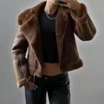 Women's Brown Shearling Leather Jacket Real Sheepskin Shearling Aviator Style