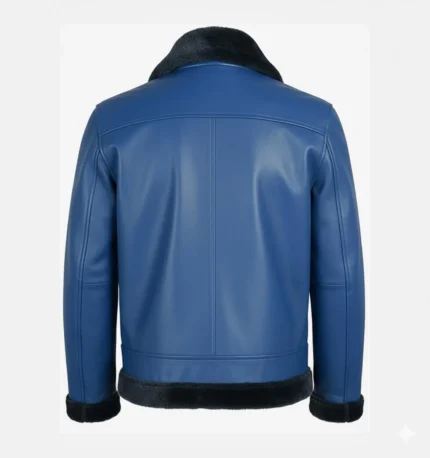 Men’s Blue Shearling Leather Bomber Jacket Genuine Leather Aviator Pilot Jacket