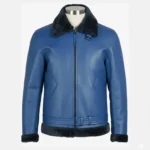 Men’s Blue Shearling Leather Bomber Jacket Genuine Leather Aviator Pilot Jacket