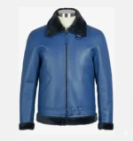 Men’s Blue Shearling Leather Bomber Jacket Genuine Leather Aviator Pilot Jacket