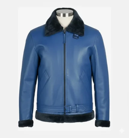 Men’s Blue Shearling Leather Bomber Jacket Genuine Leather Aviator Pilot Jacket