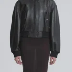 Handmade Women's Lambskin Leather Crop Bomber Jacket - Image 2