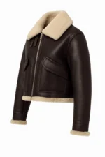 Handmade Women's Brown Shearling Leather Aviator Bomber Jacket - Image 3