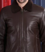 Handmade Brown Shearling Leather Bomber Jacket Aviator Winter Coat - Image 2