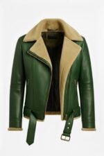 Forest Green Shearling Leather Jacket Women’s Aviator Bomber - Image 2