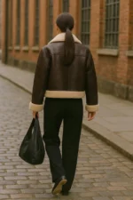 Vintage Brown Shearling Leather Jacket for Women Real Sheepskin Aviator Coat