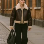 Vintage Brown Shearling Leather Jacket for Women Real Sheepskin Aviator Coat