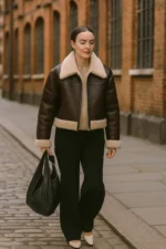 Vintage Brown Shearling Leather Jacket for Women Real Sheepskin Aviator Coat