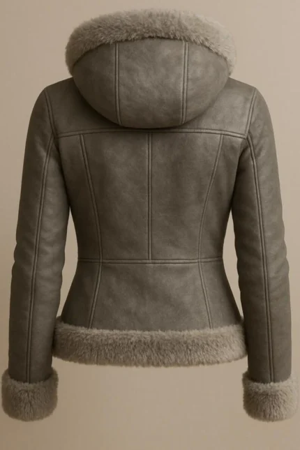 Women’s Grey Shearling Leather Bomber Jacket Handmade Fur Lined Aviator Jacket
