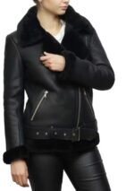 Women’s Shearling Biker Jacket Aviator Moto Leather Jacket - Image 2