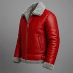 Red Shearling Leather Aviator Jacket Genuine Sheepskin Bomber Coat - Image 3