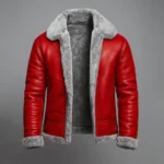 Red Shearling Leather Aviator Jacket Genuine Sheepskin Bomber Coat