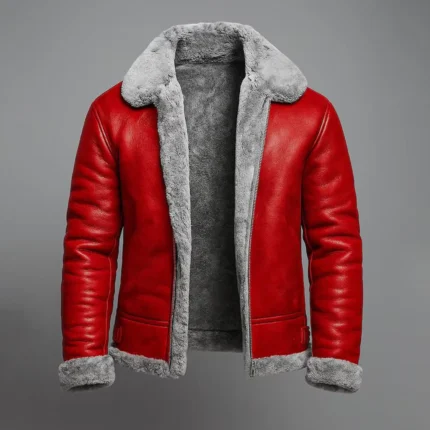 Red Shearling Leather Aviator Jacket Genuine Sheepskin Bomber Coat