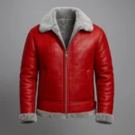 Red Shearling Leather Aviator Jacket Genuine Sheepskin Bomber Coat - Image 2