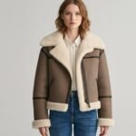 Brown Suede Leather Aviator Jacket Women's Faux Shearling Biker Coat
