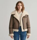 Brown Suede Leather Aviator Jacket Women's Faux Shearling Biker Coat