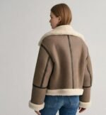 Brown Suede Leather Aviator Jacket Women's Faux Shearling Biker Coat