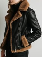 Women's Black Shearling Sheepskin Leather Aviator Bomber Jacket - Image 2
