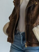Vintage Brown Shearling Leather Jacket for Women Real Sheepskin Aviator Coat - Image 2