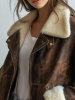 Vintage Brown Shearling Leather Jacket for Women Real Sheepskin Aviator Coat