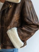 Vintage Brown Shearling Leather Jacket for Women Real Sheepskin Aviator Coat - Image 3
