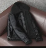 Men's Black Shearling Aviator Jacket Lambskin Leather Bomber Coat - Image 4