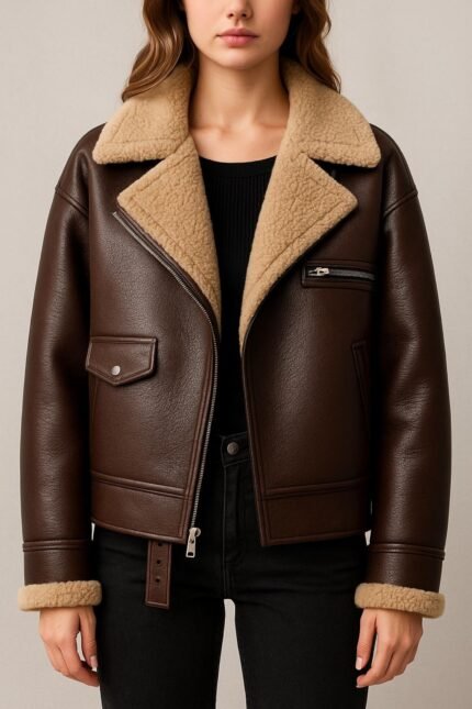 Women’s Brown Shearling Leather Aviator Jacket with Plush Lining
