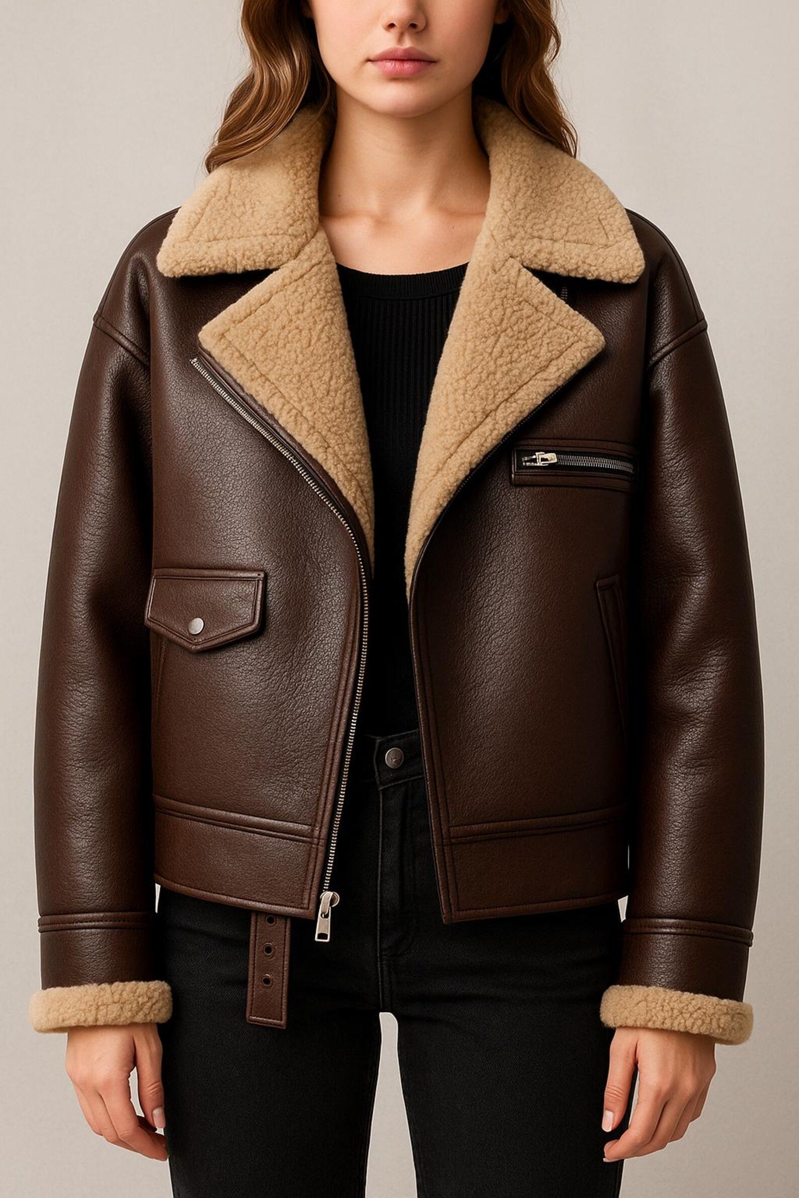 Women’s Brown Shearling Leather Aviator Jacket with Plush Lining Women’s Brown Shearling Leather Aviator Jacket with Plush Lining
