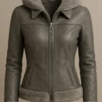 Women’s Grey Shearling Leather Bomber Jacket Handmade Fur Lined Aviator Jacket