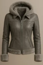 Women’s Grey Shearling Leather Bomber Jacket Handmade Fur Lined Aviator Jacket