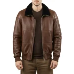 Brown Leather Jacket for Men with Black Shearling Collar